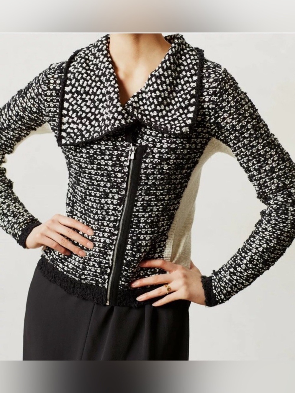 Yellow Bird - Anthropologie black and white textured slubby moto jacket sweater